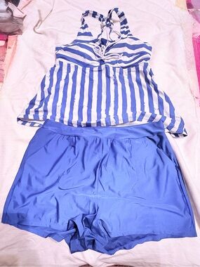 Blue Striped Tankini Coverup Top with Solid Blue Swim Shorts